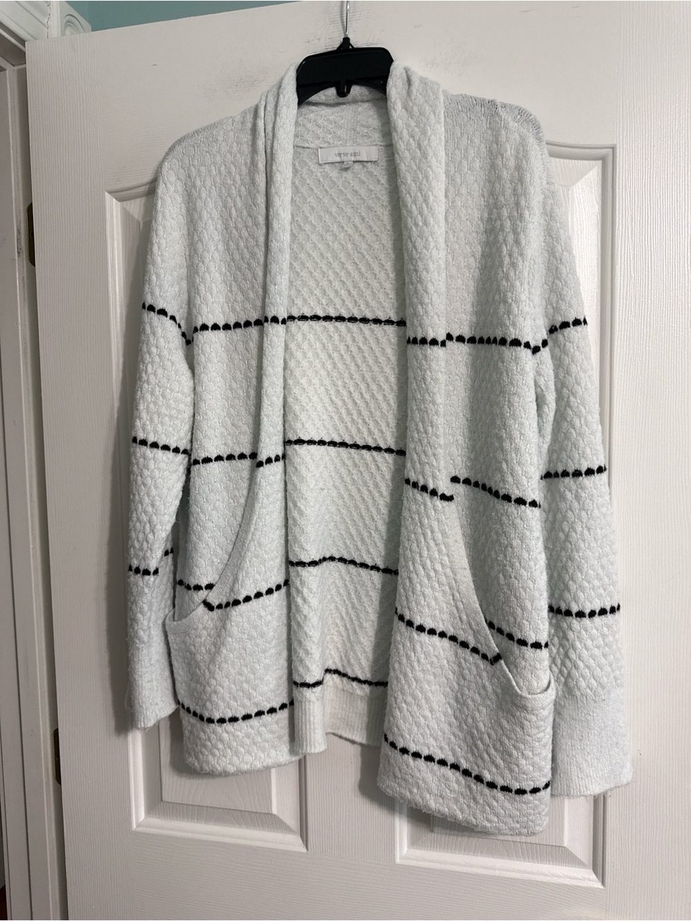 Verve Ami White Open-Front Cardigan with Black Stripe Detail
